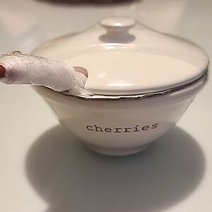Pottery Barn Scoop Cherries Bowl with Lid and Spoon